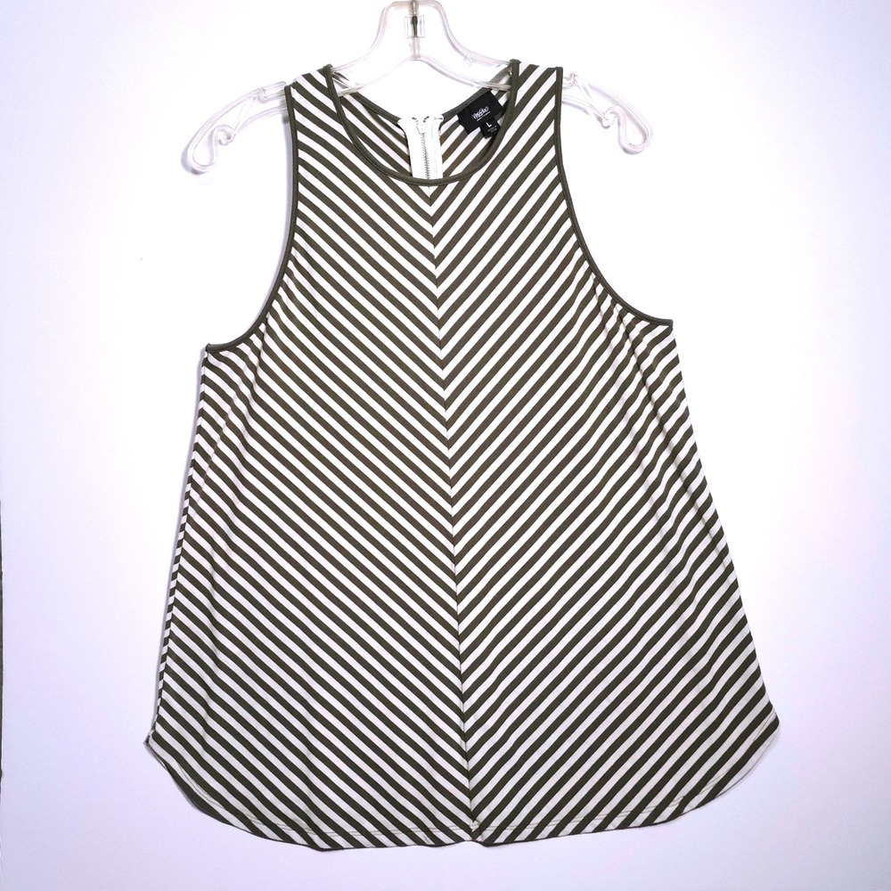 Mossimo Tank Top Large Olive Green White Striped Sleeveless Zipper‎ Back